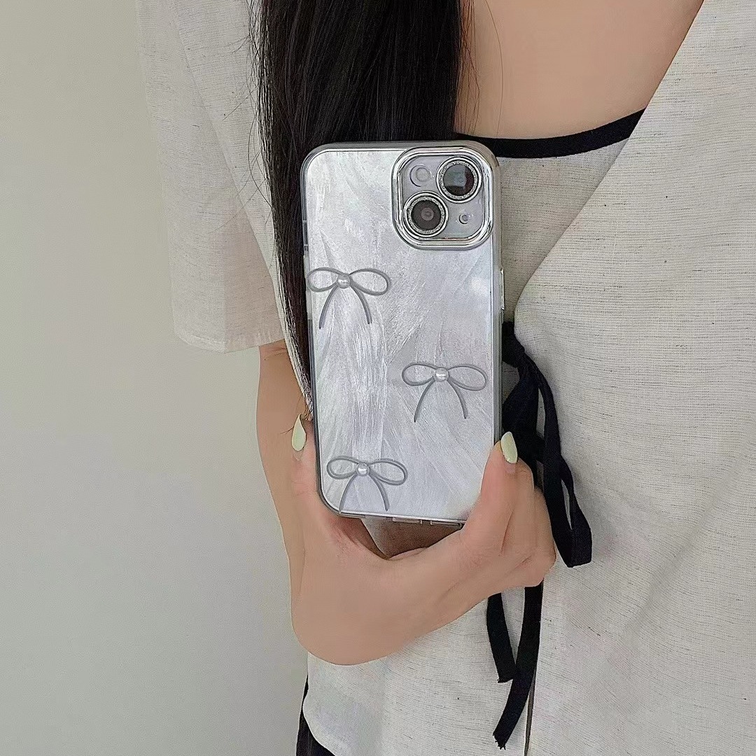 Lazo de perla de hilo de plumas francés para lente de brillo iPhone14 15ProMax funda para teléfono 12 Apple 13