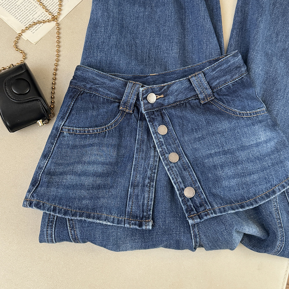 High-Waisted Faux Two-Piece Slimming Wide Leg Denim Culottes Casual Straight Leg Loose Fitting Summer Trendy Women's Jeans_ecoleips.com