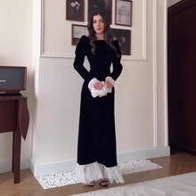 跨境亚马逊速卖通2025方领长袖纯色高腰金丝绒花边拼接气质连衣裙