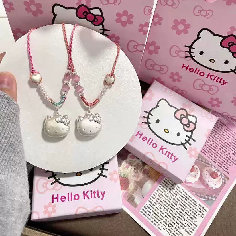 新款小众时尚猫头hellokitty桃花编绳凯蒂猫项链吊坠送女友礼物