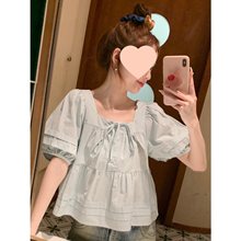 法式蓝色方领泡泡袖娃娃衫上衣女夏日系宽松短袖衬衫短款别致小衫