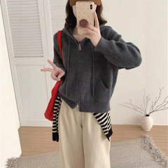 韩版宽松慵懒深灰色拉链连帽针织开衫女秋冬季百搭简约毛衣上衣女