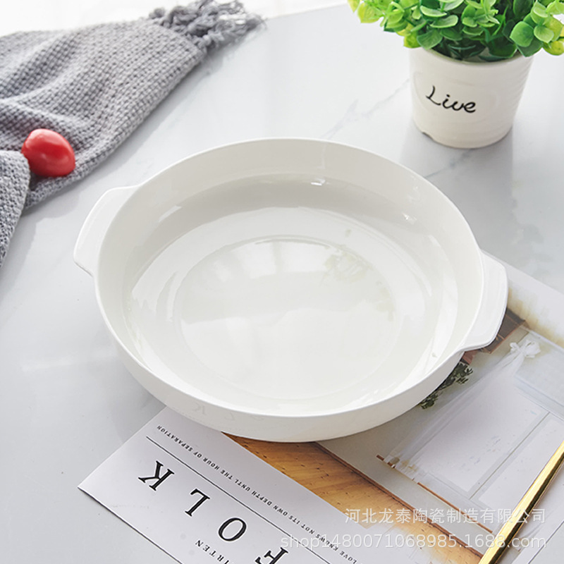 純白の骨磁器の金辺の両耳の巣の皿の陶磁器の家庭用の料理の皿のアイデアの円形の深い皿の取っ手のスープの皿は印字することができます。|undefined