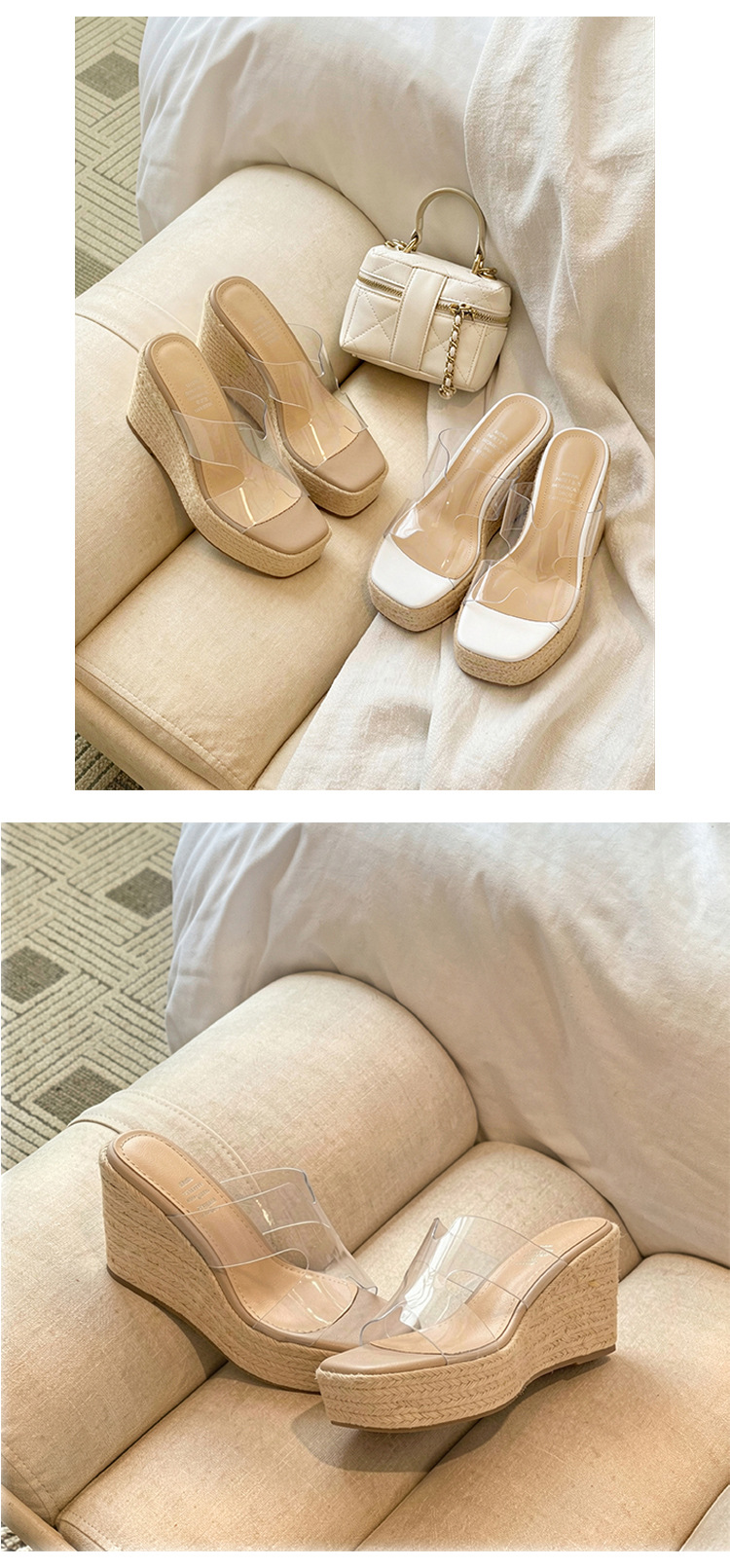 Sandal cao gót nữ hở mũi đế xuồng đan rơm, gót 9 cm — màu trắng, màu mơ chi tiết 12