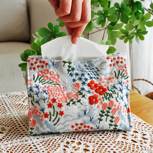 Embroidered Light Luxury Tissue Bag Fabric Pastoral Car Office Tissue Cover Household Living Room Paper Bag Bedside Tissue Box