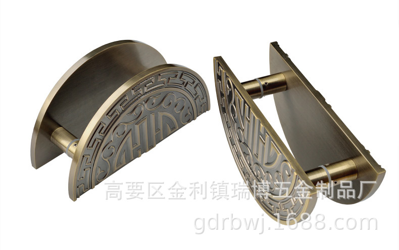 古铜色雕刻门把手中式玻璃门木门把手实心铝板定制对装