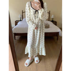 实拍2025INS撞色蝴蝶结系带小蝴蝶结印花双层棉纱棉家居服睡裙女