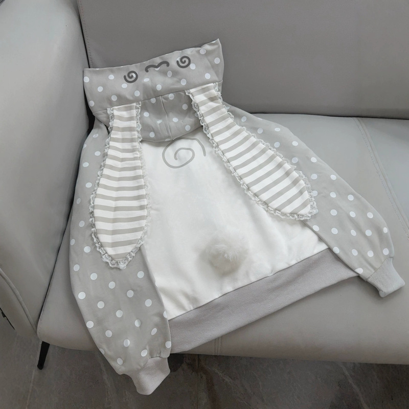Japanese-style cute lace striped bunny ear hooded sweatshirt for girls, autumn and winter soft and cute fleece-lined thick cardigan jacket