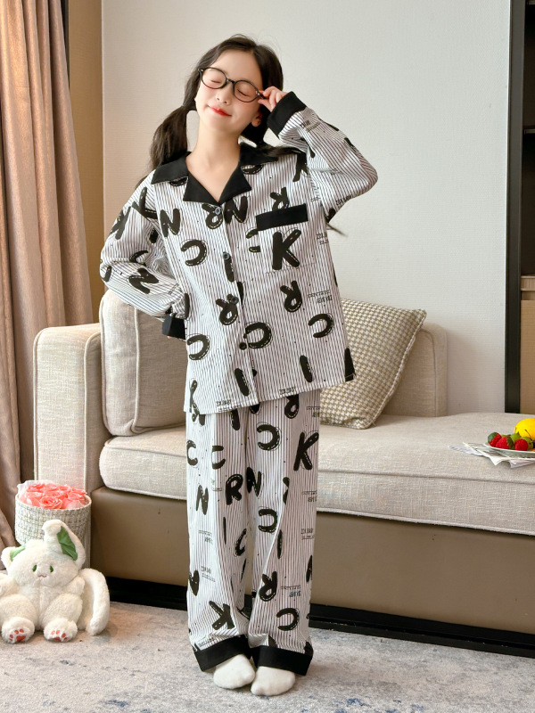女童长袖睡衣开衫春秋2025新款儿童女孩秋季纯棉家居服女大童套装|undefined