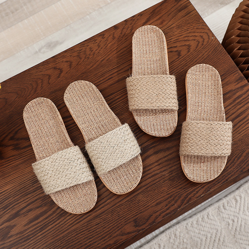 Summer linen slippers woven home indoor couple sandals breathable non-slip sweat-absorbing wooden floor cotton and linen straw shoes