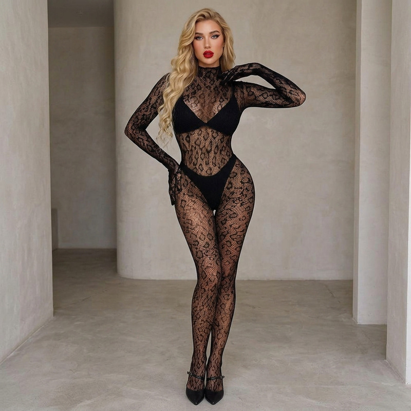 European and American sexy leopard print erotic fishnet bodysuit, hollow-out hot girl outfit, seductive wild hollow-out fishnet flirtatious sexy one-piece outfit