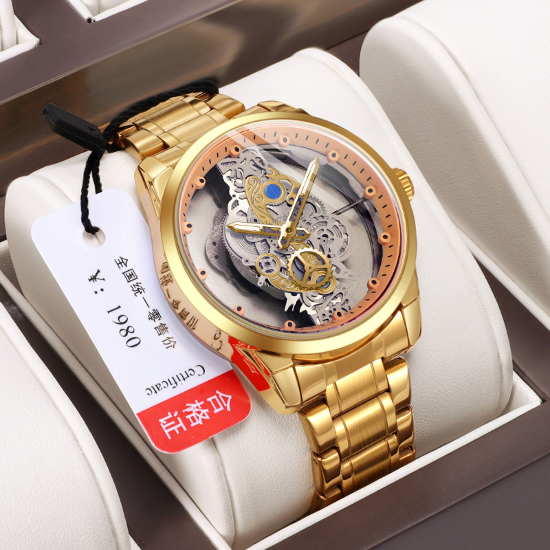 Cross-border new double-sided transparent hollow automatic mechanical watch men's watch men's waterproof luminous quartz watch TikTok