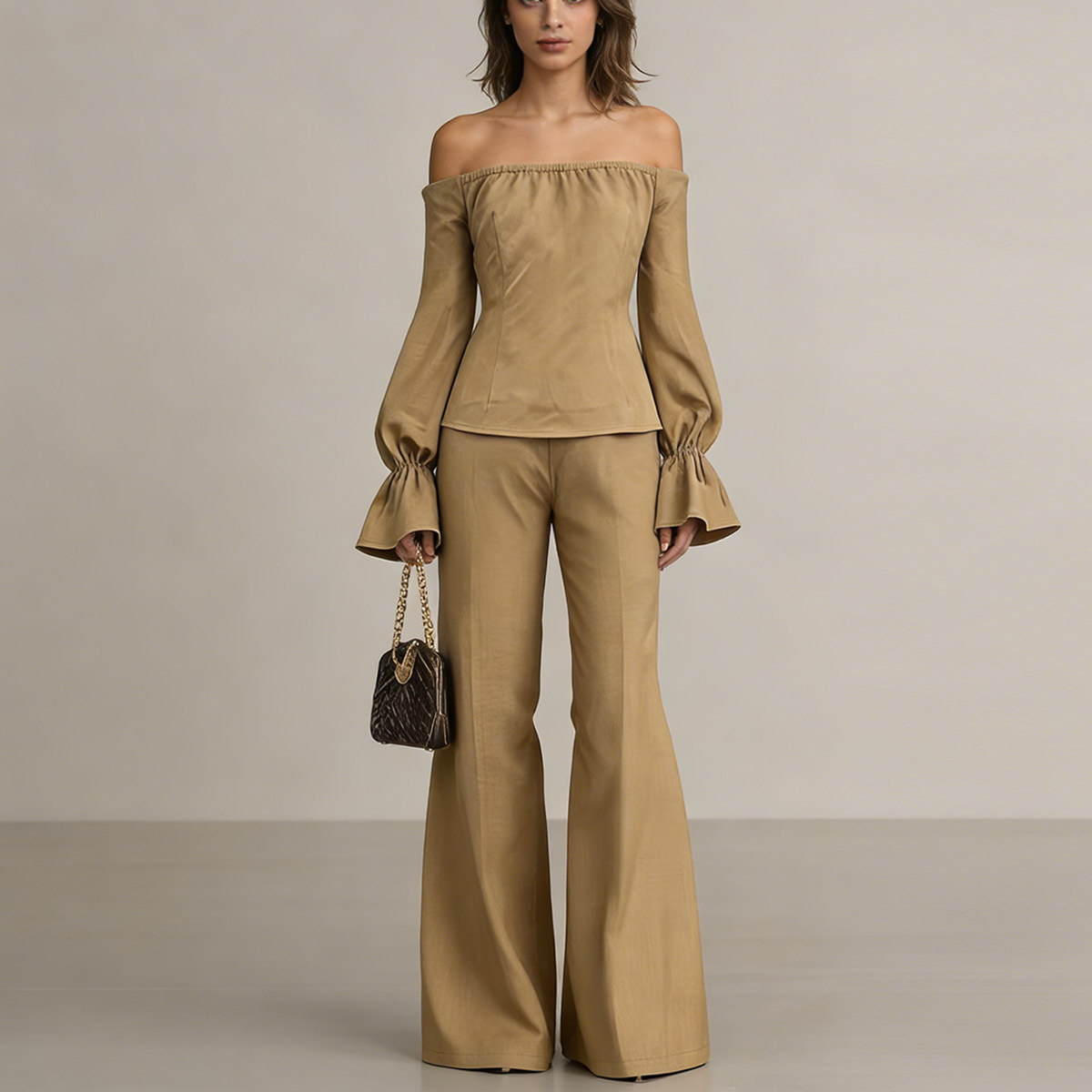 Elegant Off-Shoulder Puff Sleeve Women's Top with Wide Leg Pants Two-Piece Set European And American Style Fashionable Clothing for Women_ecoleips.com