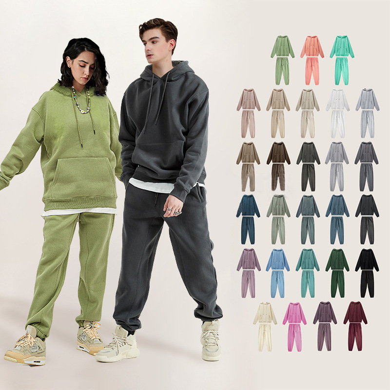 Hoodie Autumn and Winter Men's Couple Hoodie Heavy Pure Color Hooded Sweatshirt and Sweatpants Men's American Trendy Brand Sweatshirt Suit
