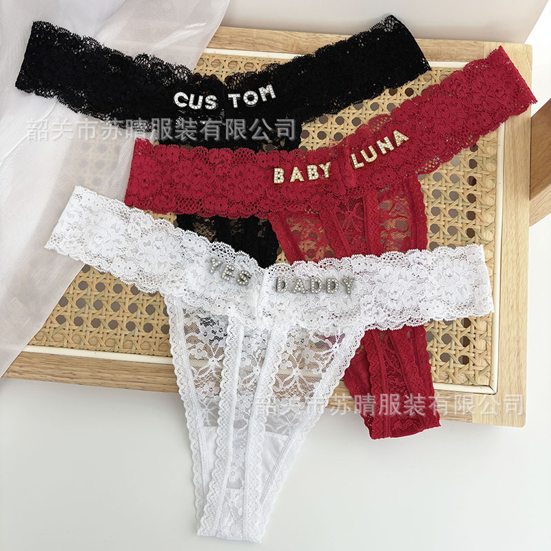 Cross-Border Etsy Personalized Rhinestone European and American Large Size Sexy Lace Underwear Women's Custom Seamless T-Pants Thong Cross-Border Etsy Personalized Rhinestone European and American Large Size Sexy Lace Underwear Women's Custom Seamless T-Pants Thong