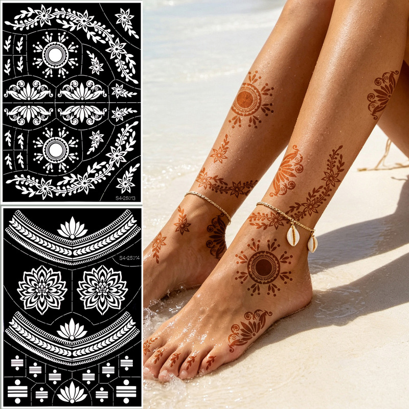 Henna Tattoo Template Mandala Sunflower Leg and Foot Hollow-Out Stickers Semi-Permanent Spray Painting Patterns Wholesale in Stock