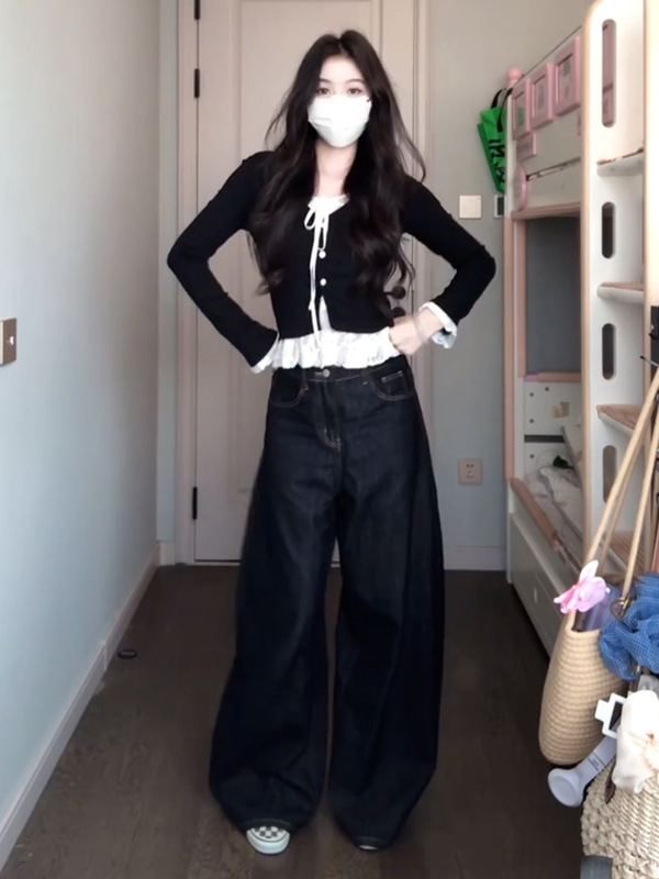 早秋季穿搭黑色假两件长袖t恤女2025新款设计感小众韩系绝美上衣|undefined