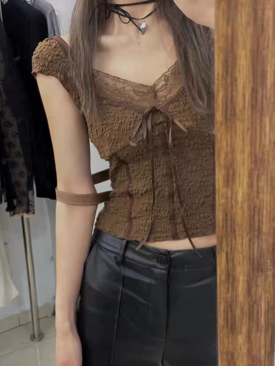 Retro brown lace vest with bow