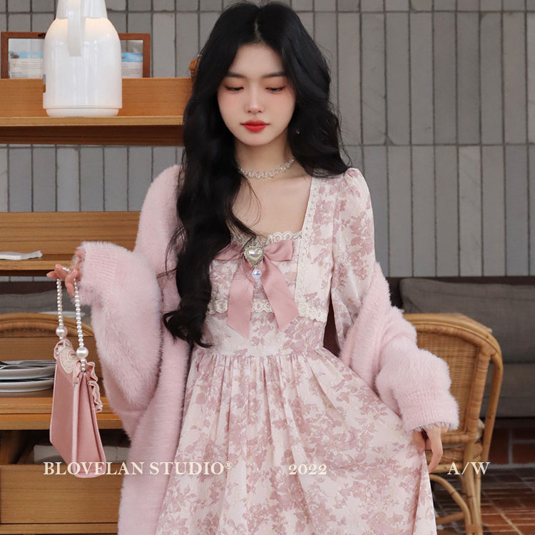 Autumn and winter New Fashion tea break French socialite style sweet bronzing long sleeve dress high waist fairy dress women's clothing