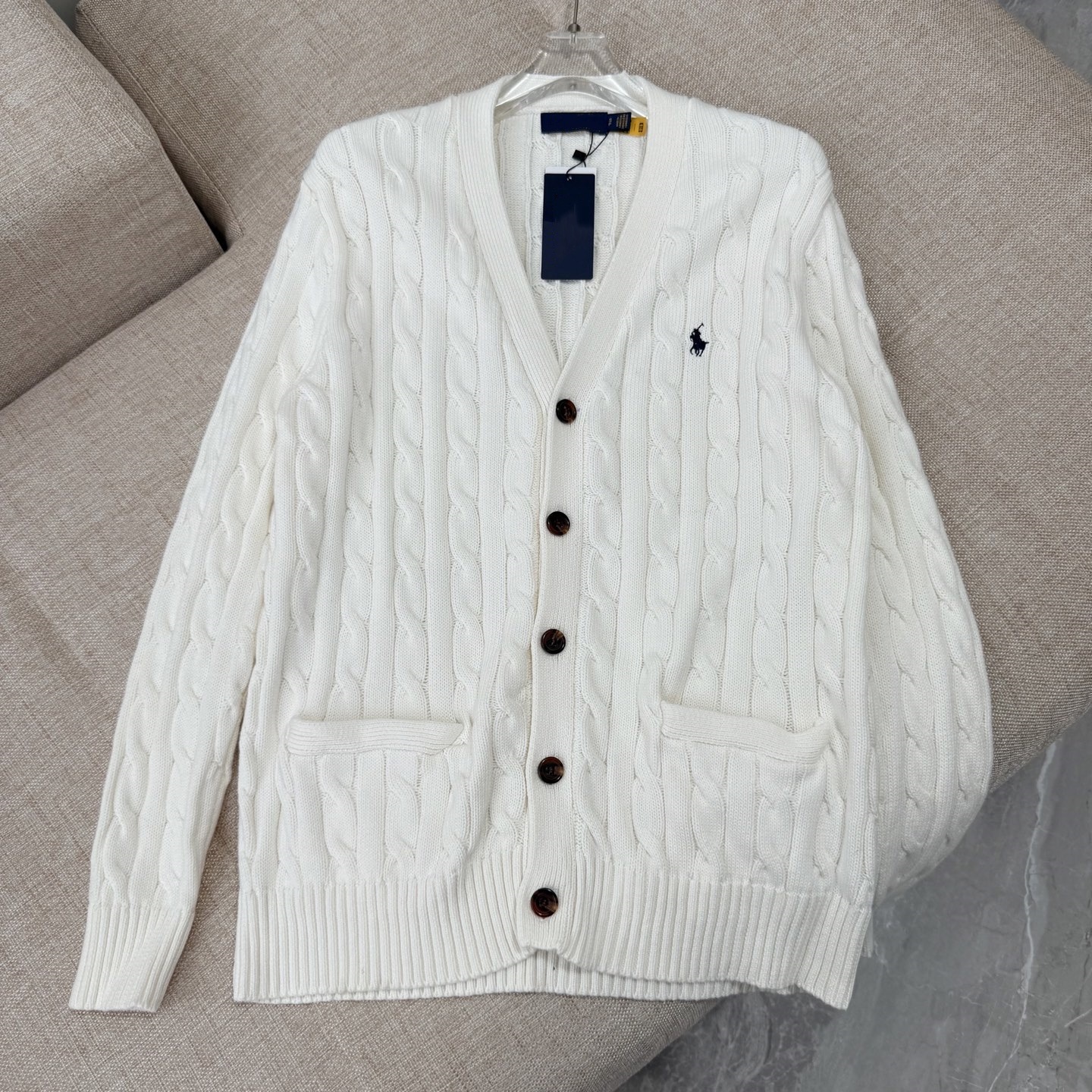 高品質/QRコードスキャン可能 RL ラフ ツイストVネックポケット付きニットカーディガン セーター クラシックベーシック カップルスタイル