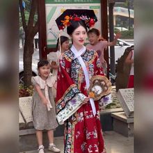 清代女装国风汉服清朝旗装格格服装新中式宫廷风红色印花连衣裙子