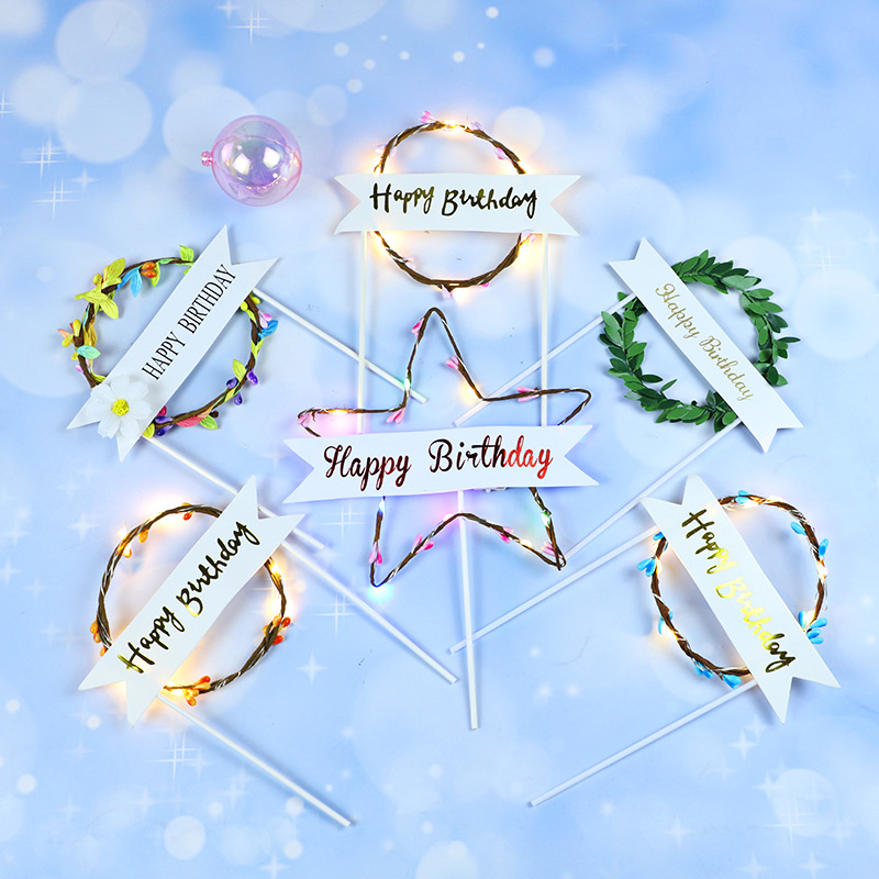 Pastel de cumpleaños creativo con tarjeta de luz-insertando Mori decoración ratán Garland bandera romántica-insertando luz