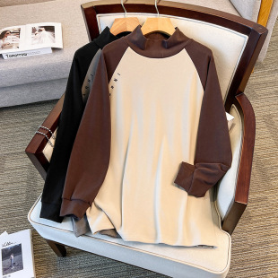 300kg plus size contrast color plus thick German velvet high collar base shirt with autumn and winter chubby girl long sleeve warm coat tide