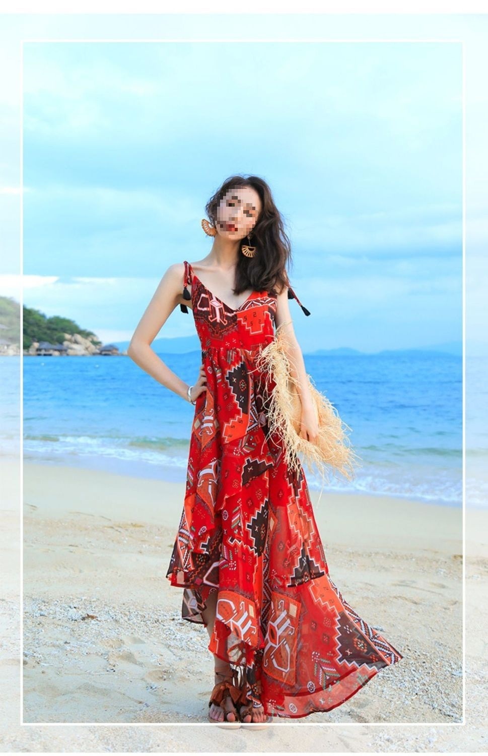 Đầm maxi voan treo nữ phong cách Bohemian dài chấm gót — màu đỏ chi tiết 17