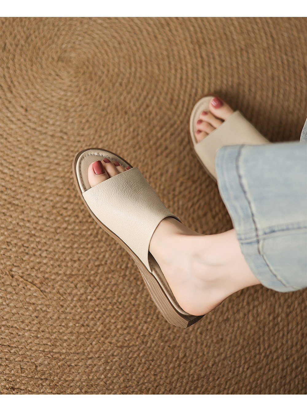 Sandal hở mũi nữ gót thấp da dê mũi vuông quai ngang — màu nâu chi tiết 9