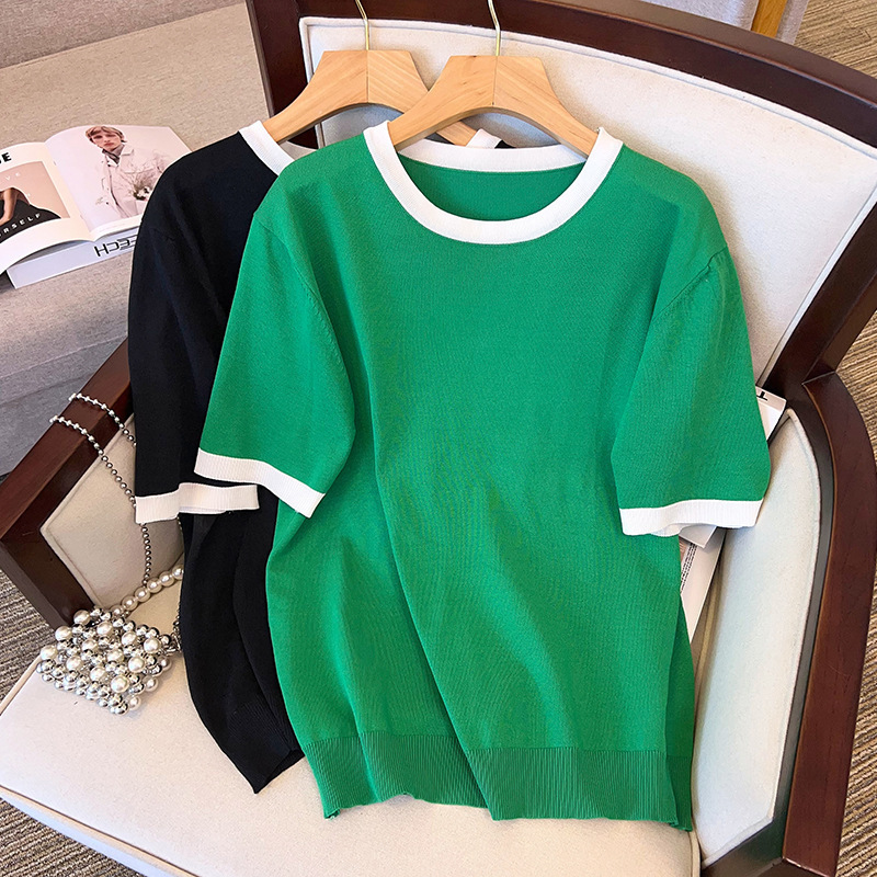 Plus-Size Women's Summer Clothing, Ice Silk Knit Top, Slimming for Chubby Girls, Short-Sleeve T-Shirt 8365