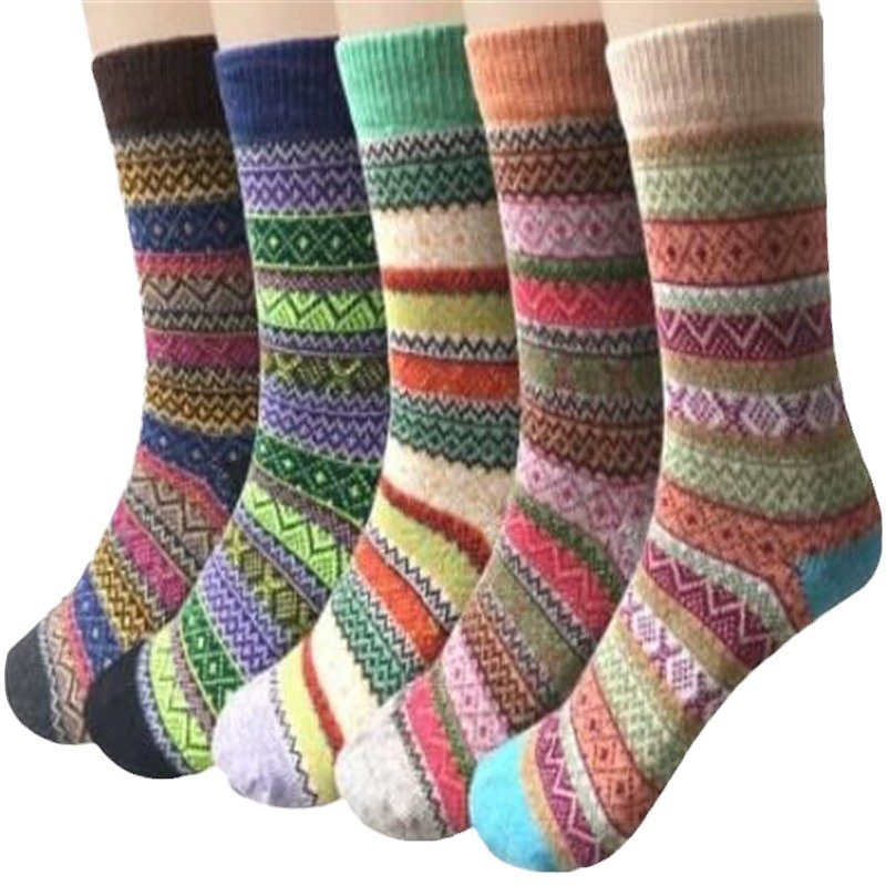 Demi‑season wool socks, retro ethnic pattern, warm ankle crew, one size (average)