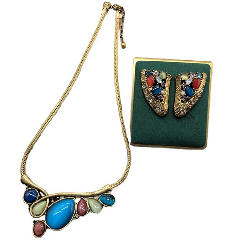 Retro aged necklace copper chain short necklace colorful cat's eye stone diamond plated real gold necklace earrings ear clip set