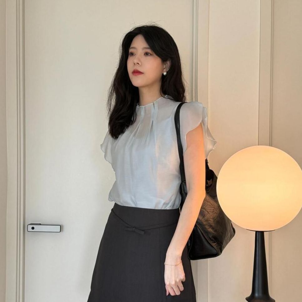 Áo voan nữ tay bay xếp diềm cổ điển Pháp — Váy ngắn nơ đen