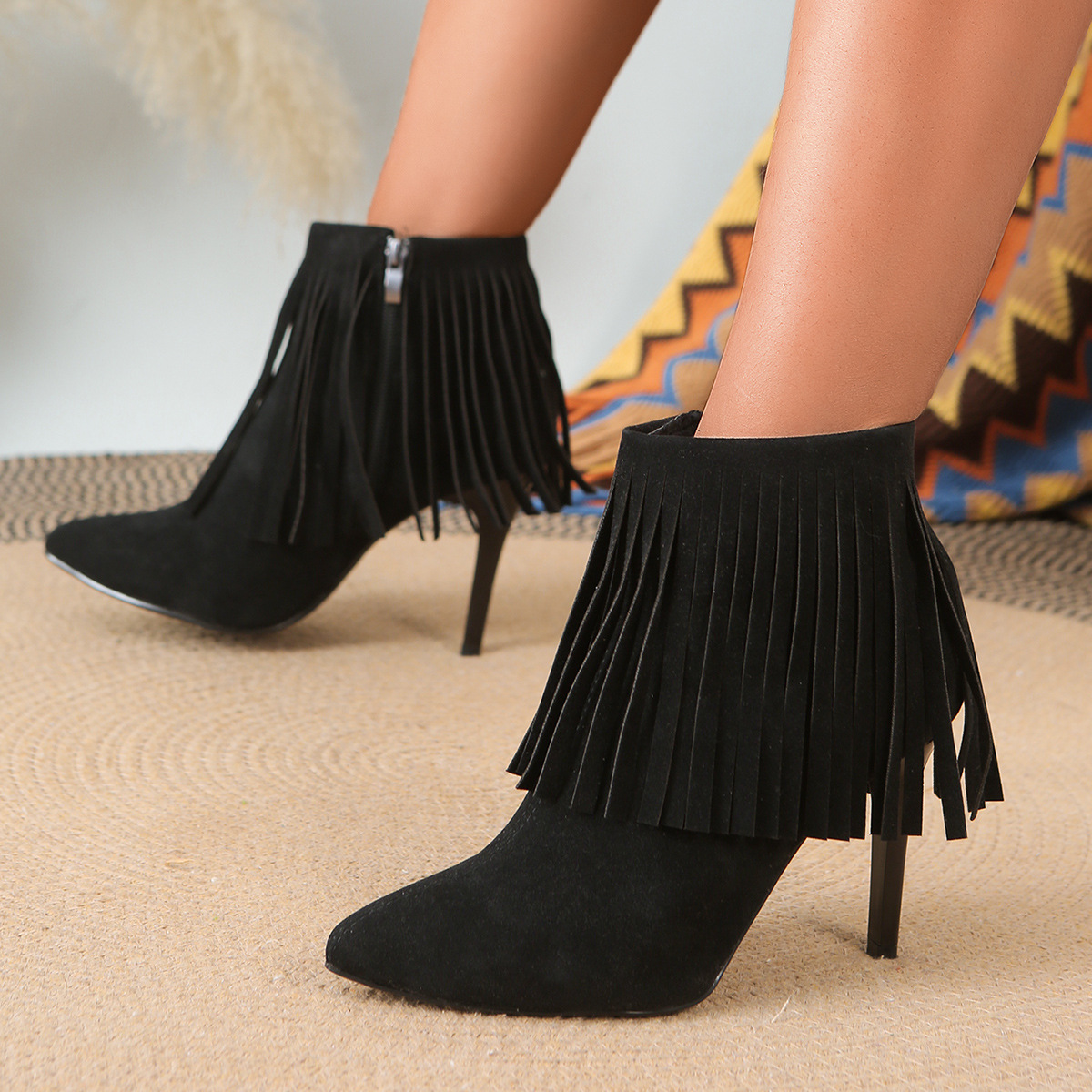 复古流苏粗跟短靴女2025秋冬新款高跟靴欧美时尚女靴磨砂皮靴子