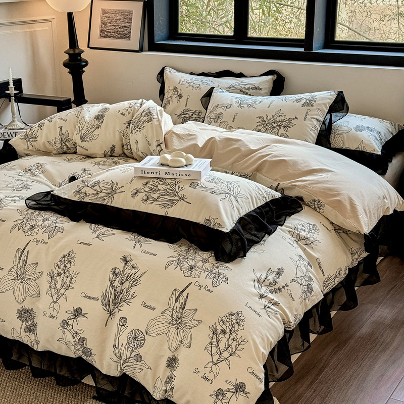 Nordic French Vintage Boho French Vintage Style Floral Skch Pure Four-piece S, 100% Cotton Bed Duv Cover, Fitted She, Three-piece Bedding_voghion.com