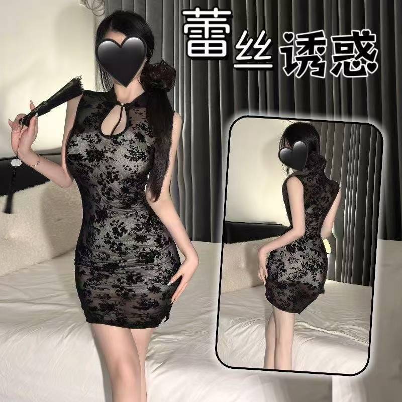 Chinese-Style Sleeveless Cheongsam Vest Dress with Garters, Black Slit Mid-Length Skirt — detail image 1
