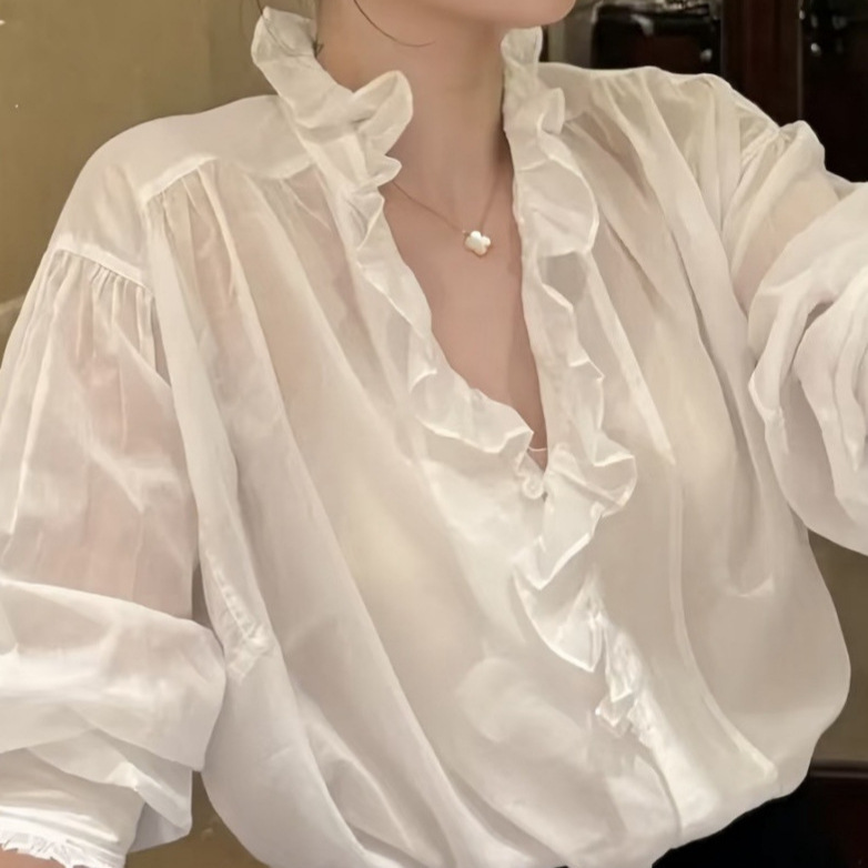 Women's loose-fitting cotton shirt with ruffled trim, featuring a French-style stand-up collar, perfect for autumn and easy to match with any outfit, in white