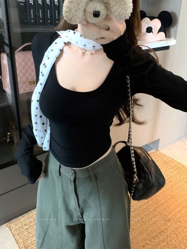 设计感长袖打底衫女2025新款早秋黑色t恤修身短款巨好看轻熟上衣|undefined