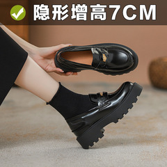 本革 7CM インナー高さゴールドコインローファー レディース つや消し厚底スリッポン ラウンドトゥ シングルシューズ 片足ソフトスモールレザーシューズ