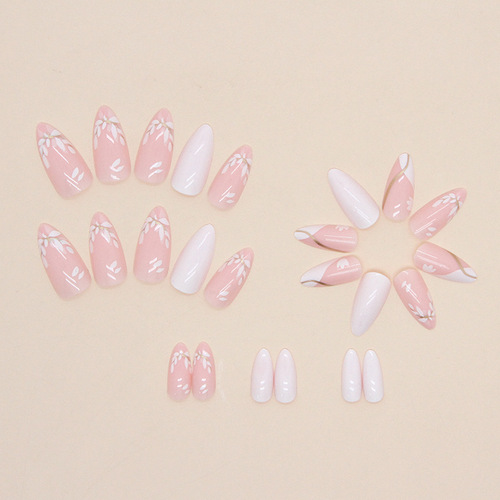 Pink and pure white French fallen flower petals manicure fake nails almond nails finished products wholesale wearable nails