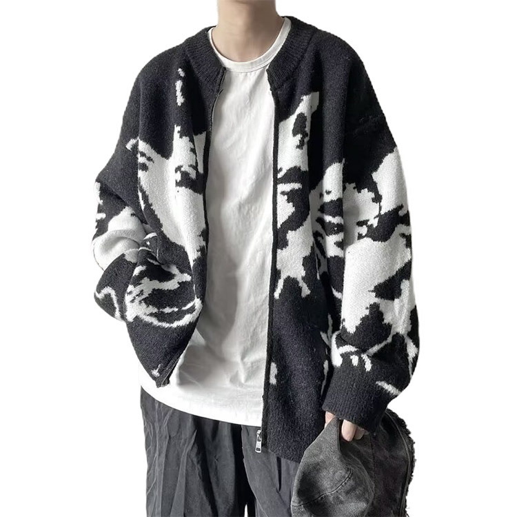 Explosiones transfronterizas de tamaño grande irregular jersey jacquard suéter cardigan hombre chaqueta de fábrica de invierno al por mayor