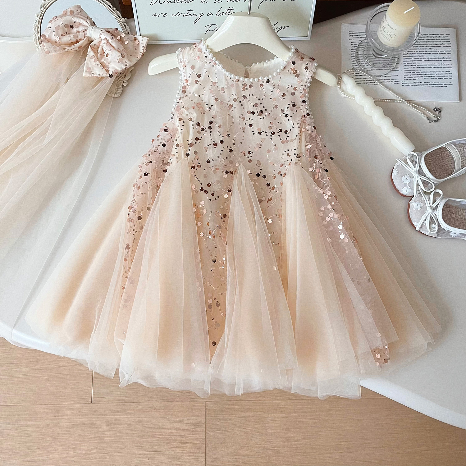 Robe de princesse en maille à paillettes pour filles, nouvelle version coréenne de l'été 2024, sans manches, 24329_voghion.com