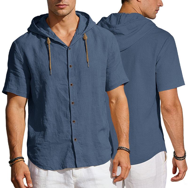 Camisa de lino con capucha para hombre, estilo europeo y americano, transfronteriza, de Amazon, con botones, fina, de verano, informal, de manga corta.