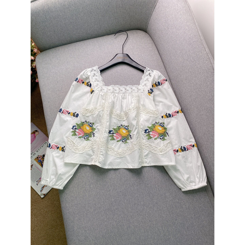 French Pastoral Style 2026 New Lace Splicing Square Collar Shirt for Women Floral Cross-Stitch Puff Sleeve Long-Sleeved Top French Pastoral Style 2026 New Lace Splicing Square Collar Shirt for Women Floral Cross-Stitch Puff Sleeve Long-Sleeved Top