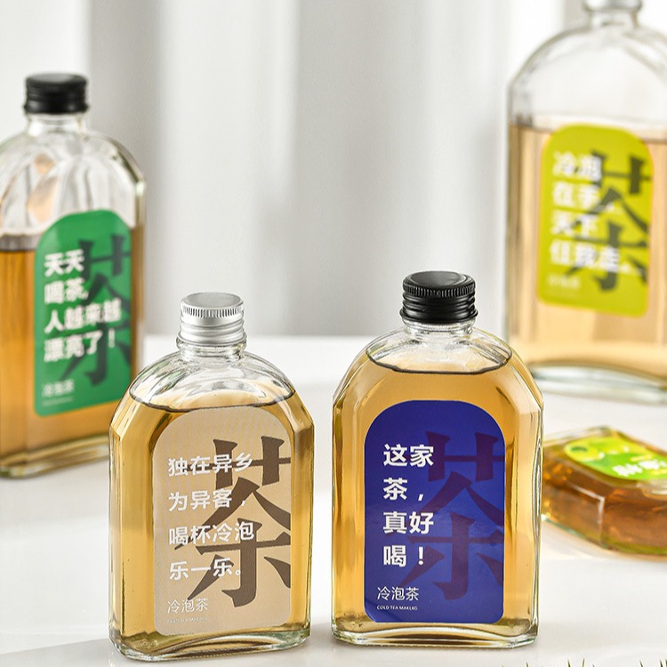 简约便携轻装果汁冷泡茶奶茶咖啡饮料果酒斜肩冷萃扁方瓶
