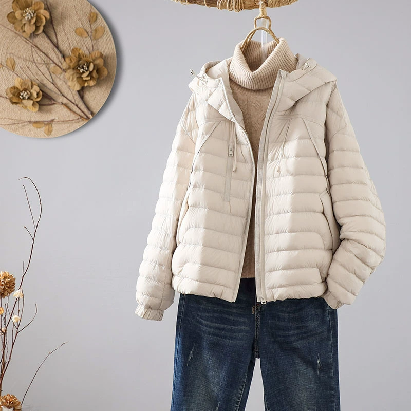 Light and thin winter retro keep warm down jacket with hood for leisure