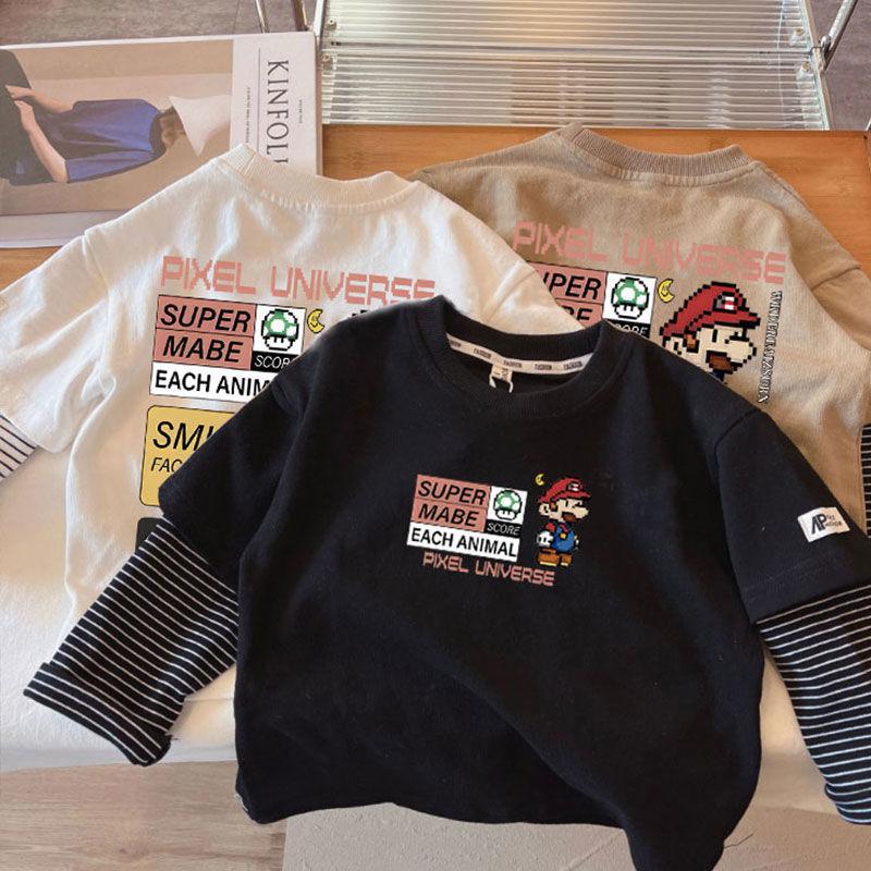 Camiseta de algodón de manga larga para niños falso de dos piezas 2023 nueva primavera y otoño camisa de fondo de moda estilo occidental ropa para niños Top t