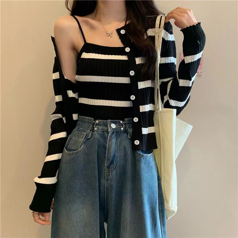 81g Weight Long Sleeve Sleeve Length Single Breasted Placket Type Ice Silk, Polyester Fabric Type Short Top Length Knitwear Tops Type Daily Occasion Round Neck Neckline Slim Fit Type Stripe Pattern Spring, Autumn Season Women's Gender Casual Style Wholesale Women's Ice Silk Polyester Casual Stripe Long Sleeve Sweaters & Cardigans 9