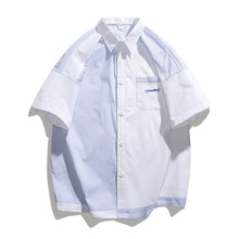 日系拼接条纹衬衫短袖男小众设计感夏季港风青少年休闲衬衣外套潮