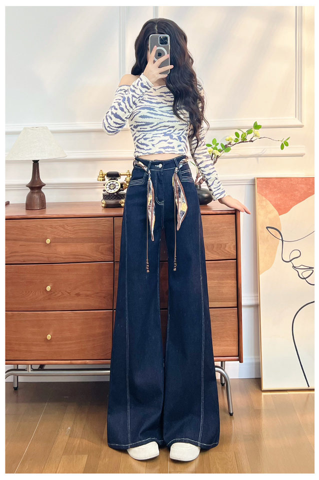 Quần jean nữ ống loe cạp cao co giãn, denim lót lông cừu mùa đông — Màu xanh vàng đen kéo dài, Quần xanh đen vàng, Retro màu xanh chín điểm, Vàng đen xanh chín điểm chi tiết 9